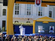 Pope Francis meets with authorities, civil society, and the diplomatic corps in the garden of the Presidential Palace in Bratislava, Slovakia, Sept. 13, 2021.